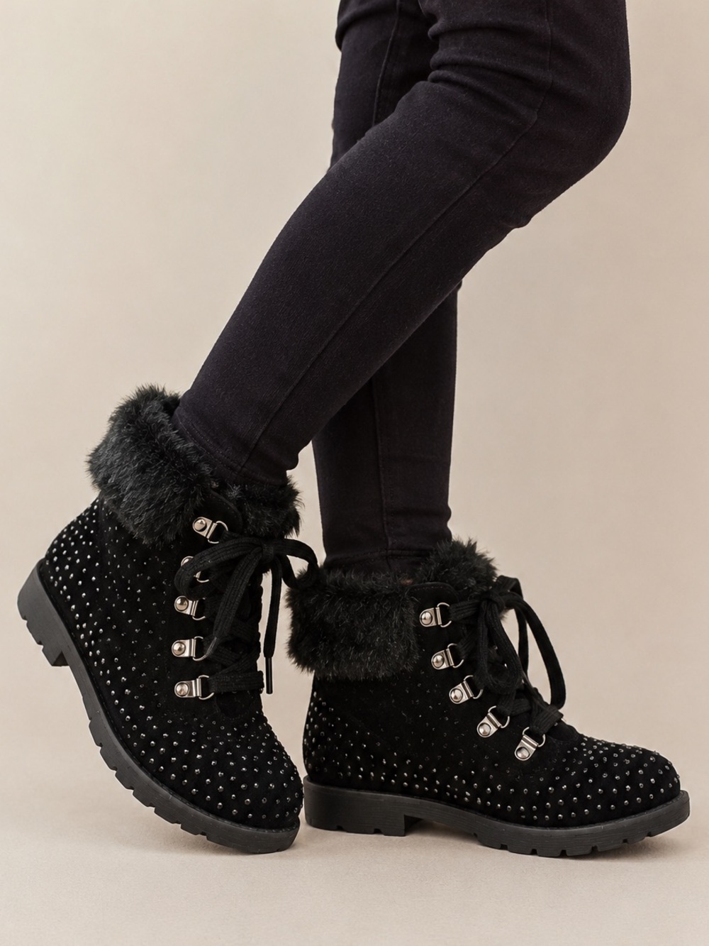 Justice Girls Size 3 Black Combat Boots Faux Fur Rhinestone Studded